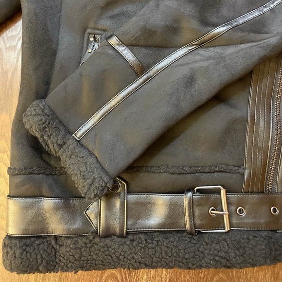 BLACK FAUX FUR SUEDE MOTO JACKET BIKER COAT - Picture 14 of 15